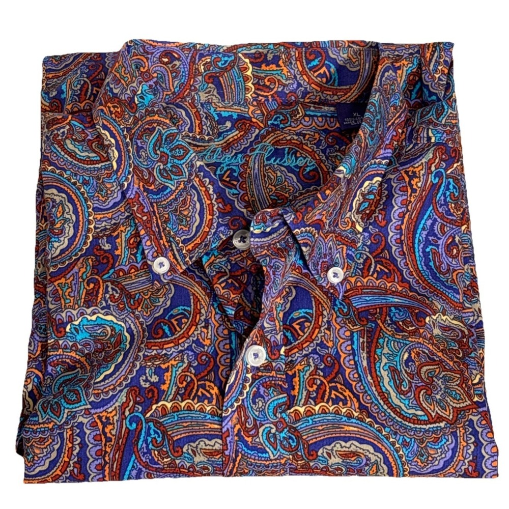 Alan Flusser Button Down Shirt Purple Blue Paisley L/S Cotton Mens XL